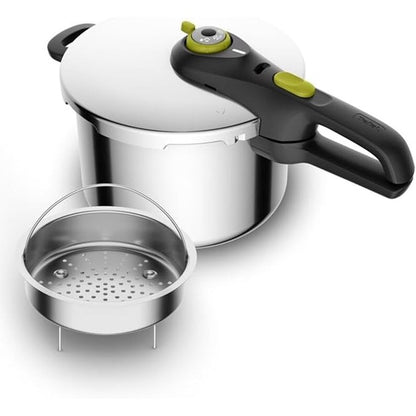 175169 - TEFAL Tenxhere me Presion Secure 5 Neo, 6L, Çelik Inox, 22cm, me Futje Shporte dhe Trekëmbësh, 2 Nivele Gatimi, Sistem Sigurie Secure 5, i Përshtatshëm për të Gjitha Llojet e Sobave.