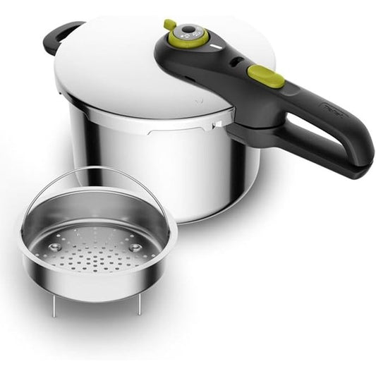 175169 - TEFAL Tenxhere me Presion Secure 5 Neo, 6L, Çelik Inox, 22cm, me Futje Shporte dhe Trekëmbësh, 2 Nivele Gatimi, Sistem Sigurie Secure 5, i Përshtatshëm për të Gjitha Llojet e Sobave.