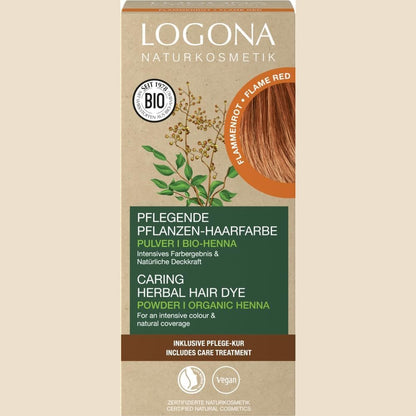 306658 - LOGONA Naturkosmetik Ngjyrë Ushqyese për Flokët me Bazë Bimore, Pluhur Vegan me Këna Organike për Ngjyrë dhe Shkëlqim Intens, Ngjyrë Flokësh me Bazë Bimore në Ngjyrë të Kuqe të Ngjyrë (E Kuqe), 1 x 100 g