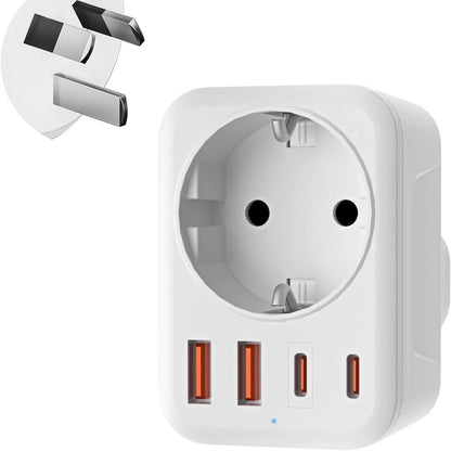 267289 - DENLANE Adaptues udhëtimi 5-në-1 për Australinë me 1 AC & 2 USB-C & 2 USB-A (3.4A), Adaptues për Kinën, Zelandën e Re dhe Gjermaninë
