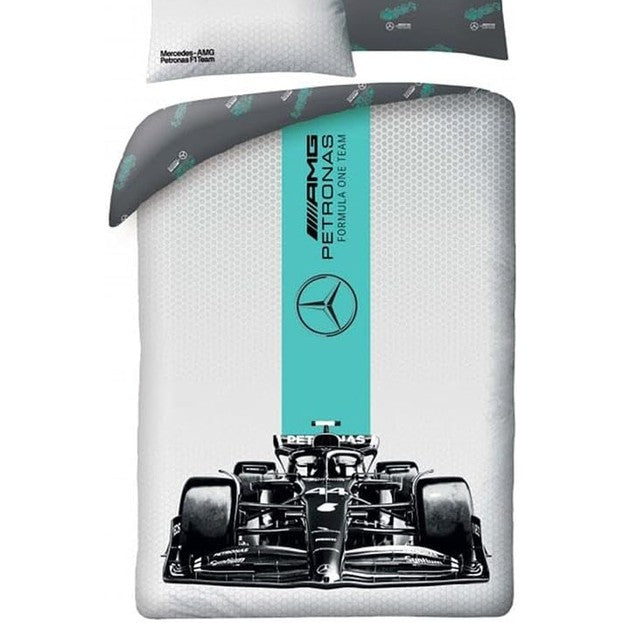 218148 - HALANTEX Set çarçafësh Mercedes Formula 1, 100% pambuk, mbulesë jorgani e kthyeshme 140 x 200 cm dhe mbulesë jastëku