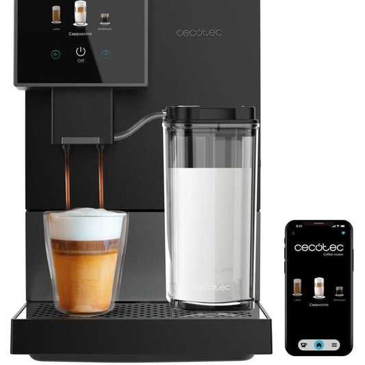 144059 - CECOTEC Makinë Kafeje Cremmaet Compactccino, Manuale për Espresso dhe Kapuçino, në Ngjyrë të Zezë dhe Argjendi, me 30 Lloje Kafe, Rezervuar Qumështi 400ml, Rezervuar Uji 1.1L, Ekran TFT, Fuqi 19 Bar, me Termobllok.