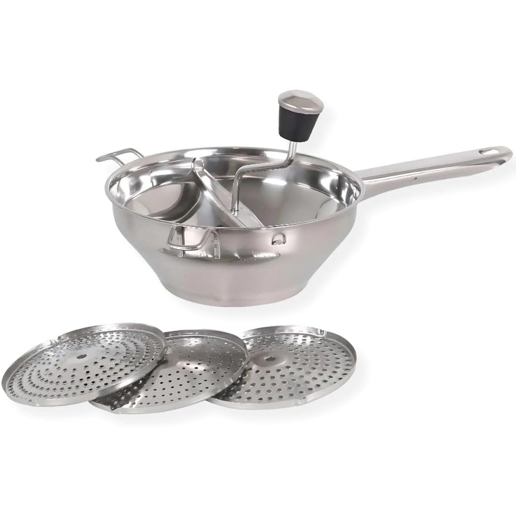 277540 - PARENCE Mulli perimesh prej çeliku inox, 3 disqe të ndërrueshme, shtypëse manuale patatesh ø20 cm, enë kuzhine për pure, supa, salca dhe komposto