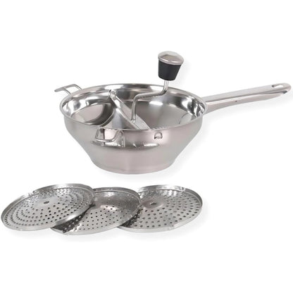 277540 - PARENCE Mulli perimesh prej çeliku inox, 3 disqe të ndërrueshme, shtypëse manuale patatesh ø20 cm, enë kuzhine për pure, supa, salca dhe komposto