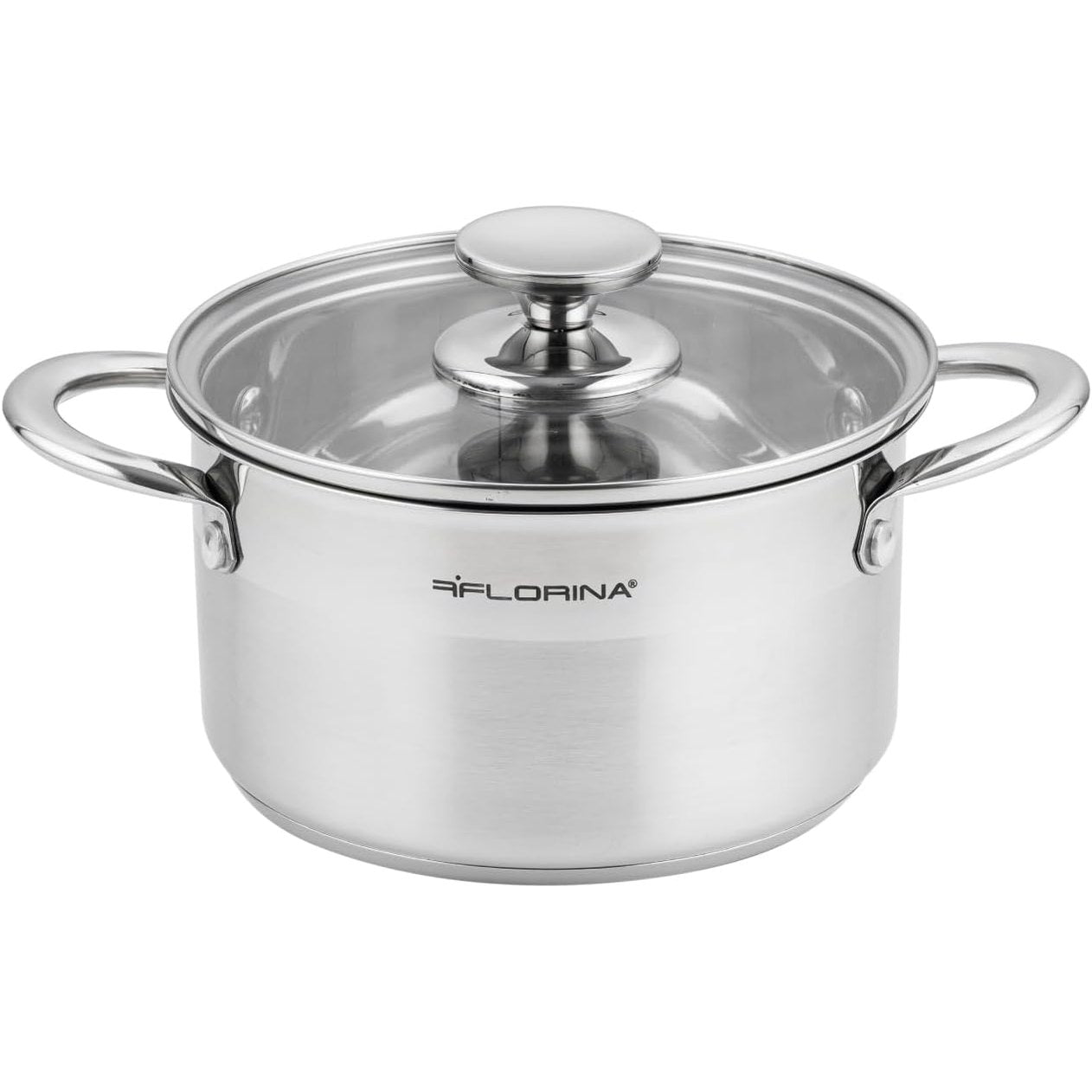222434 - FLORINA Tenxhere çeliku inox, 2.5 l, 18 cm Diametër, me kapak qelqi, bazë me 3 shtresa