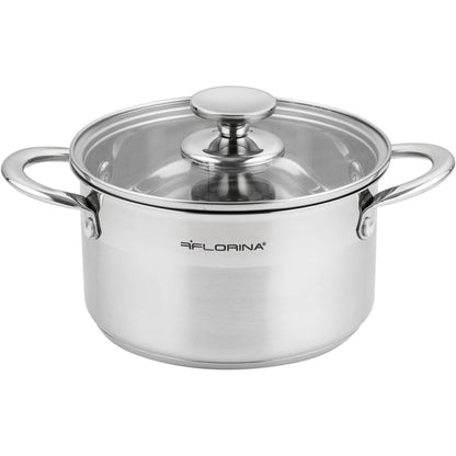 222434 - FLORINA Tenxhere çeliku inox, 2.5 l, 18 cm Diametër, me kapak qelqi, bazë me 3 shtresa