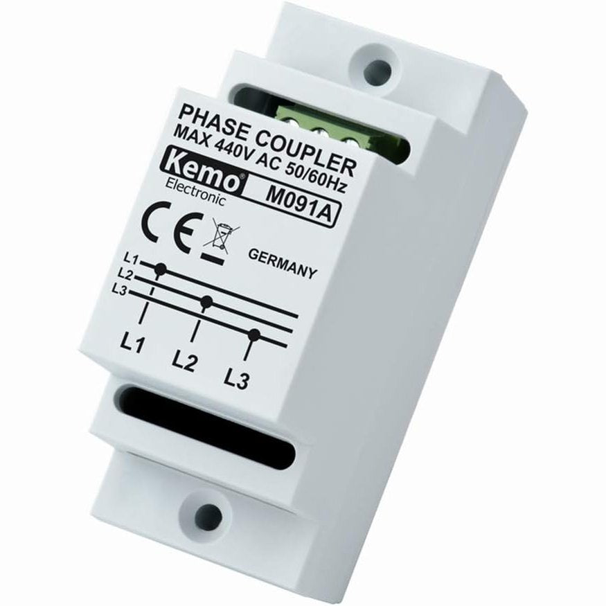 320042 - KEMO Bashkues faze M091A për produktet e linjës së energjisë, montim në shinë DIN, lidhje kapacitive për tre fazat, shpejtësi transmetimi deri në 650 Mbit/s