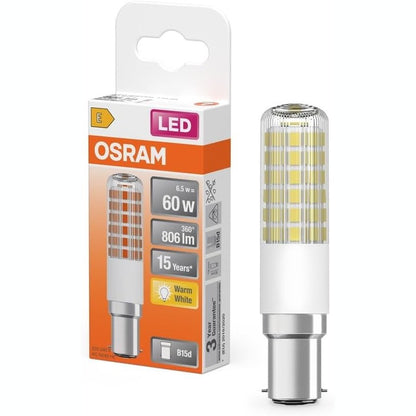 185476 - OSRAM - Llambë LED T e hollë shumëngjyrëshe, nga plastika me bazë B15d, 6.5W/806lm, dritë e bardhë e ngrohtë 2700K, e paerrësueshme, diametër 18mm, CRI 80