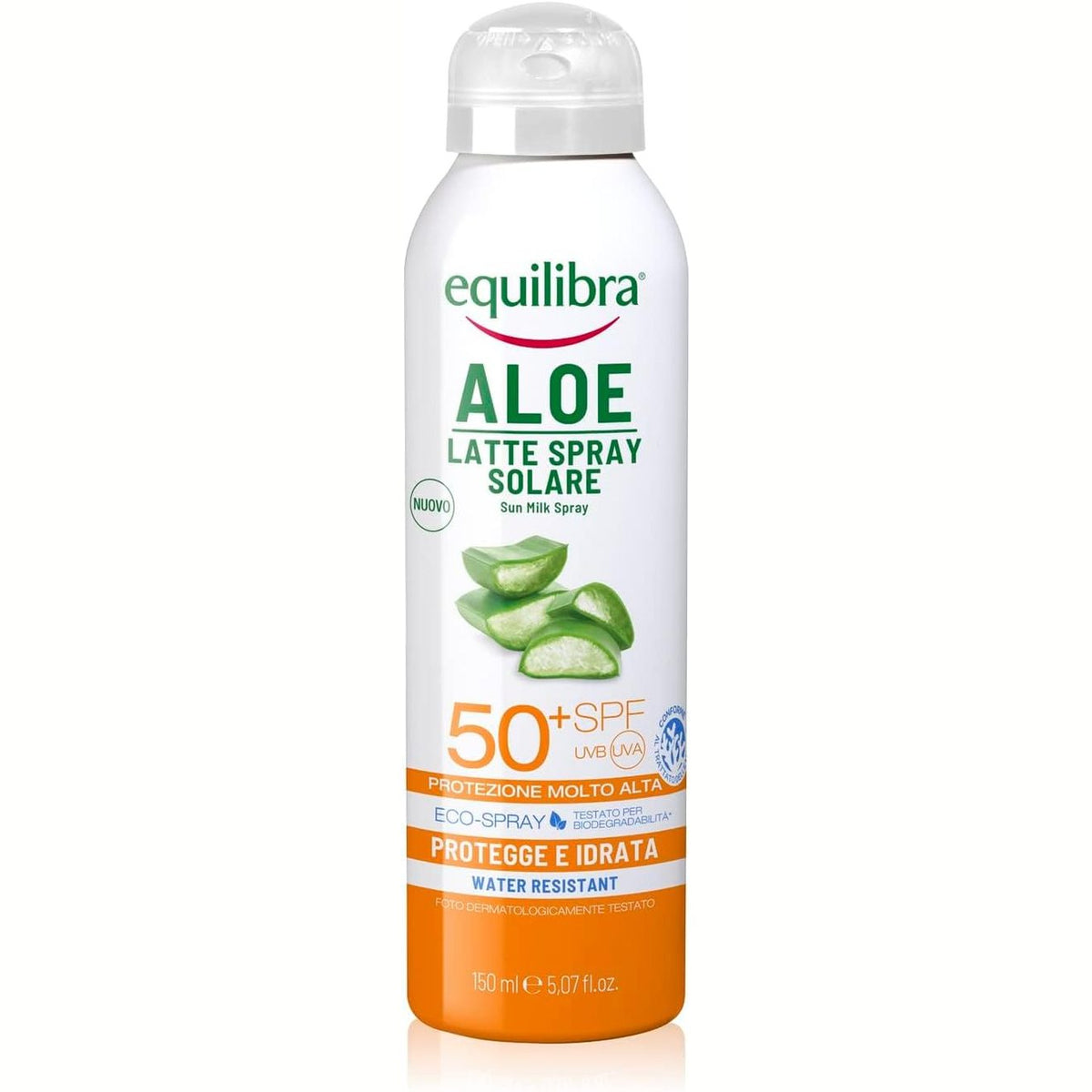 312088 - EQUILIBRA Solari, Sprej me Qumësht Aloe Vera Solar SPF 50+, 150 ml, me Aloe Vera, Vaj Kokosi, Vaj Argani dhe Vitaminë E, Rezistent ndaj Ujit