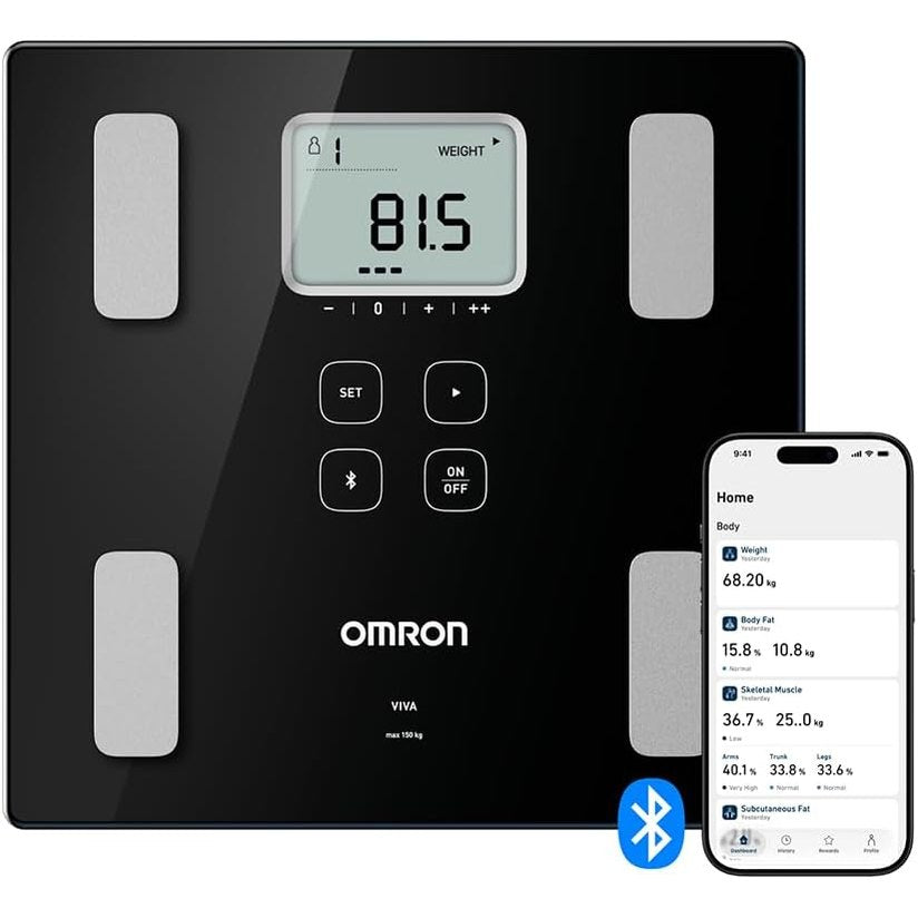 315394 - horja personale VIVA, matje e saktë e peshës, peshore dhjami trupor, matje për dhjamin visceral, muskujt, metabolizmin, BMI-në, shëndetin e zemrës, Bluetooth me OMRON Connect