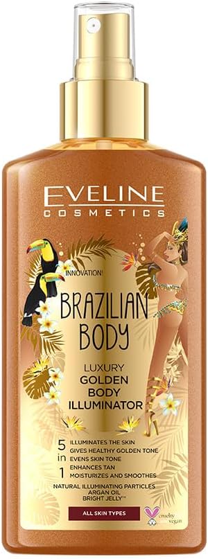 322000 - EVELINE COSMETICS Ndriçues trupi Brazilian Body Luxurious Golden, Hidraton dhe barazon ngjyrën e lëkurës, 200ml