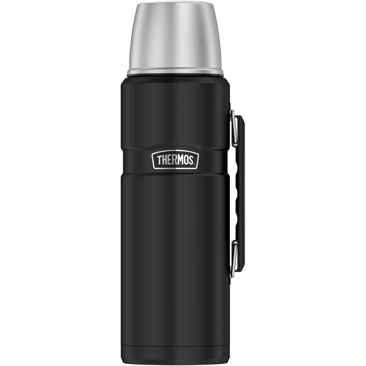 221577 - KING - TERMOS INOKS Termos Shishe, e zezë mat, 1.20L - Çelik inox, absolutisht i papërshkueshëm nga rrjedhjet, me gotë dhe dorezë për pirje, i mban pijet të ngrohta dhe të ftohta për 24 orë, i sigurt për lavastovilje, pa BPA