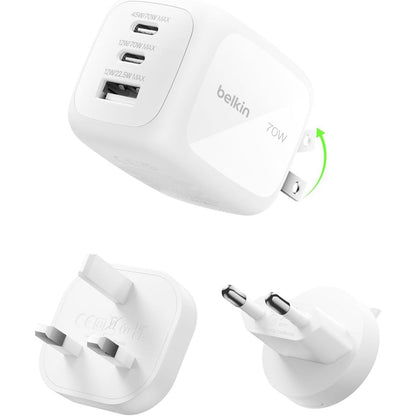 276465 - BELKIN USB-C KARIKUES ME 3 PORTA, 70W, KARIKUES GAN, PËRFSHIN PRIZA SHBA/MB/BE, 2 PORTA USB-C, 1 PORTË USB-A, KARIKUES I SHPEJTË PËR MACBOOK, IPHONE, IPAD PRO, SAMSUNG GALAXY, PIXEL, ETJ. – I BARDHË