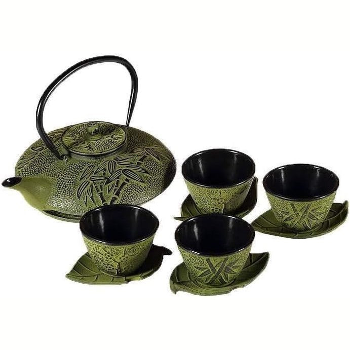183181 - LACHINEUSE - Set Çaji prej Bambuku dhe Gize, Përbëhet prej 1 Çajniku dhe 4 Goteve me Filtër Infuzioni, Kapacitet 0.8L, Dekorim Aziatik Japonez, Ngjyra Jeshile