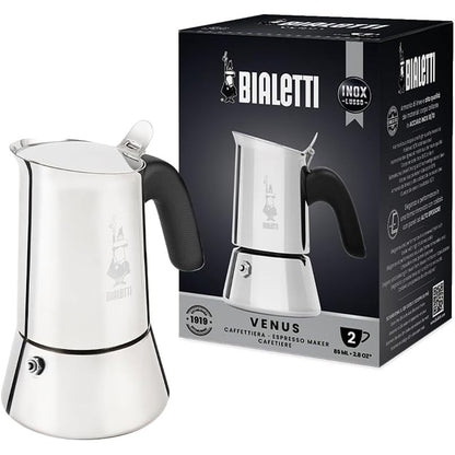 231938 - BIALETTI - VENUS I RI, makinë ekspreso prej çeliku inox, e përshtatshme për të gjitha llojet e sobave, 2 gota të ndara (0.85 ml), alumini, argjend (nuk është e përshtatshme për soba me induksion)