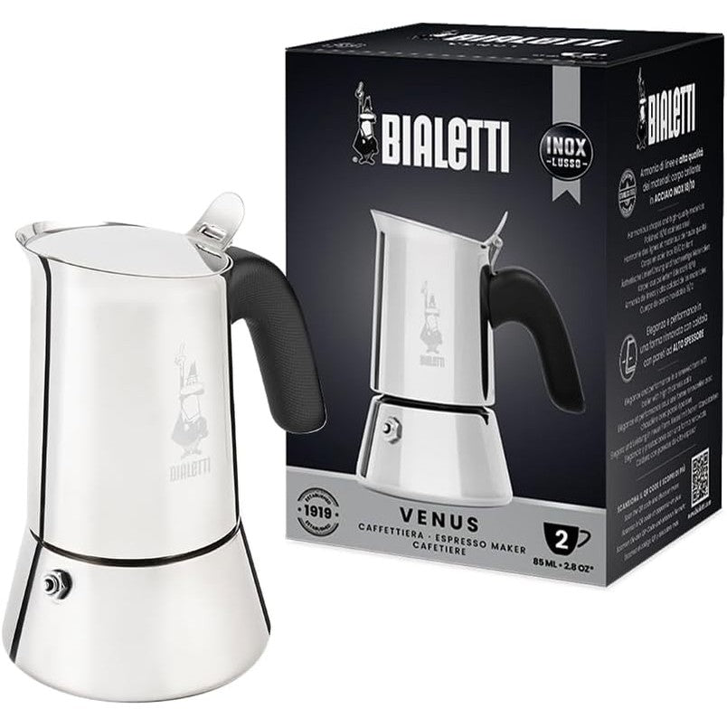 261291 - BIALETTI Venus i Ri, makinë ekspreso prej çeliku inox, 2 gota të ndara (0.85 ml), alumini, argjend, e përshtatshme për të gjitha llojet e sobave (nuk është e përshtatshme për soba me induksion)