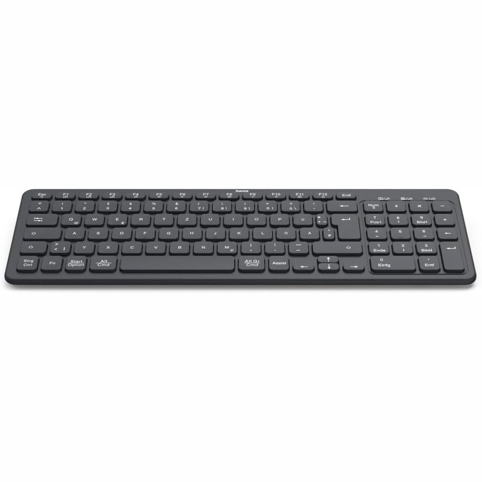 268527 - HAMA Tastierë pa tel Bluetooth për PC, Smartphone, Tablet, e zezë, Lidhje e qëndrueshme, me bateri, Taste të qeta, Taste multimediale, Paraqitje gjermane QWERTZ