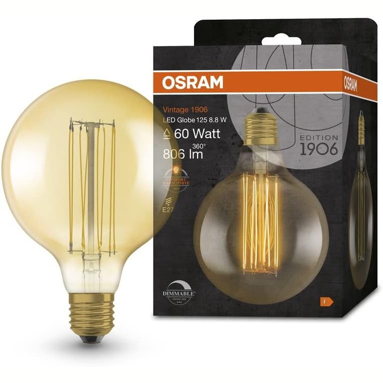 293922 - OSRAM Llampa LED 1906, 8.8W, 806lm, sferike, diametër 125 mm, bazë E27, e bardhë e ngrohtë, jetëgjatësi deri në 15,000 orë, ekuivalent me 60W, 4058075761810