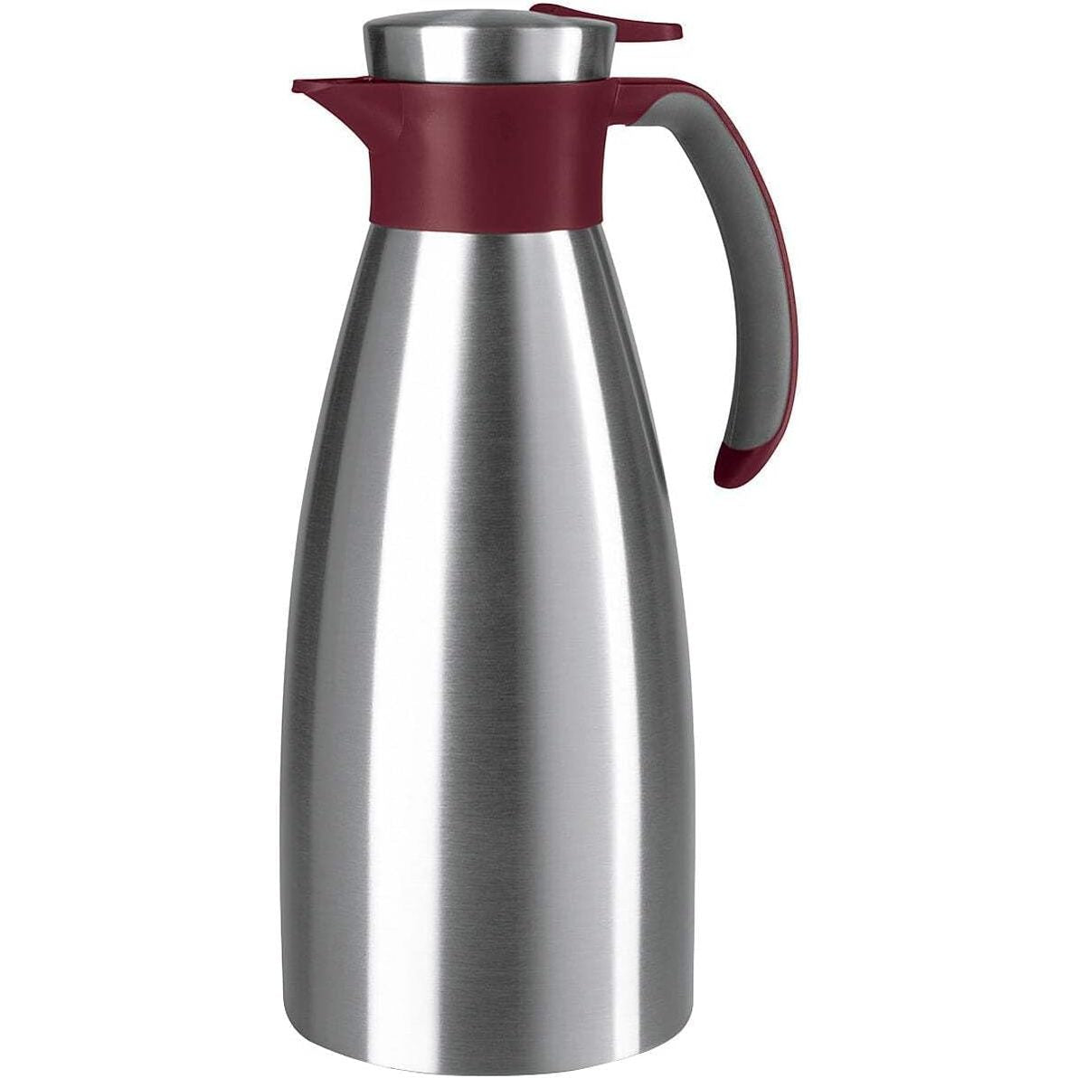222446 - EMSA - Karafë e izoluar me dorezë të butë, kapacitet 1.5 litra, çelik inox, mban pijet të ngrohta për 12 orë, të ftohta për 24 orë, e papërshkueshme nga rrjedhjet, dorezë jo-rrëshqitëse, ngjyrë e kuqe vere