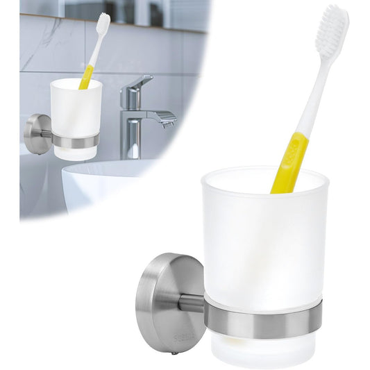 202631 - QWORK® - Mbajtëse furçe dhëmbësh e montuar në mur prej çeliku inox 304, me 1 gotë shpëlarës goje