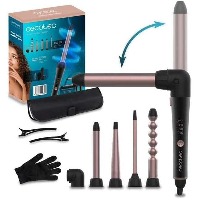 315980 - CECOTEC Kaçurrelë flokësh SurfCare MultiWaves, 5 koka, shtresë qeramike, temperaturë e rregullueshme 140 deri në 200º, dorezë rezistente ndaj nxehtësisë, çantë mbajtëse, 2 kapëse, kokë speciale 90º