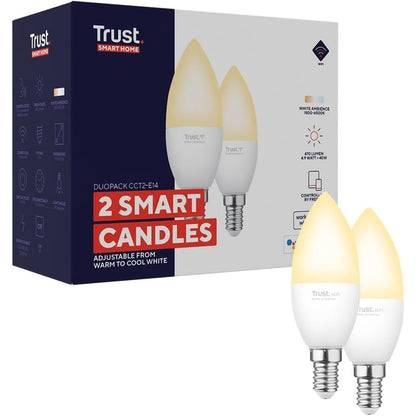 223140 - TRUST Llampa inteligjente WIFI E14, e pajtueshme me Alexa dhe Google Home, Llampa LED E14 me errësim, nuk kërkon qendër, Llampa LED 2.4GHz, Llampa WiFi, Dritë e bardhë e ngrohtë deri në të ftohtë - Pako me 2 copë