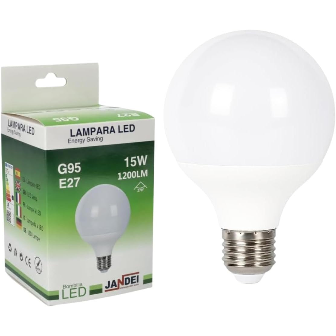 186900 - JANDEI - Llambë LED Globe G95, E27, me Fuqi 15W (Ekuivalente me 100W), Ndriçim 1500 Lumen, Ngjyrë e Bardhë e Ftohtë 6000K, CRI>80, Rrezja e Dritës 270 Gradë, Pa Ndriçim të Errët, Përshtatshme për Zyrë, Shtëpi, Kuzhinë.