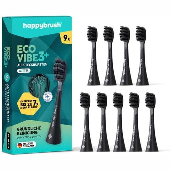 307513 - happybrush® Koka Furçash Zëvendësuese të Qëndrueshme për Furçën Elektrike të Dhëmbëve Eco VIBE 3 Sonic - E tëra e Zezë - 9 copë
