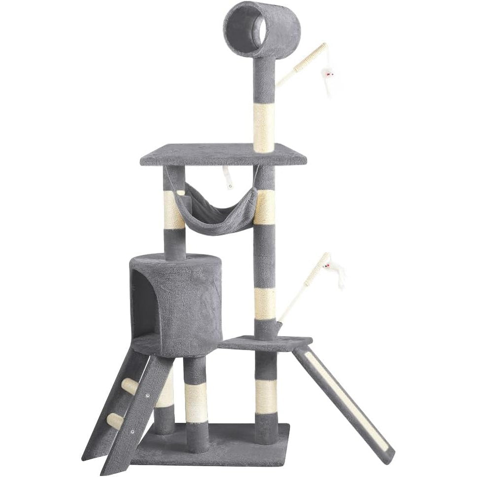 221362 - VOUNOT® Pemë Gjigante për Mace, Shtyllë Kërcimi XXL, Qendër Aktivitetesh me Shpellë, 154 cm e Lartë, Gri