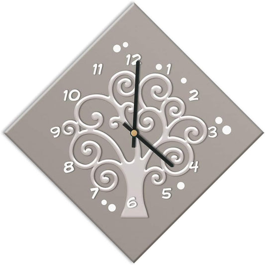 136548 - MARELI - Orë Muri AOR001-OR, e Mbuluar me Letër të Shtypur, Mekanizëm i Heshtur, Dizajn i Pemës së Jetës në Ngjyrë Gri, Madhësi 42 x 42 cm
