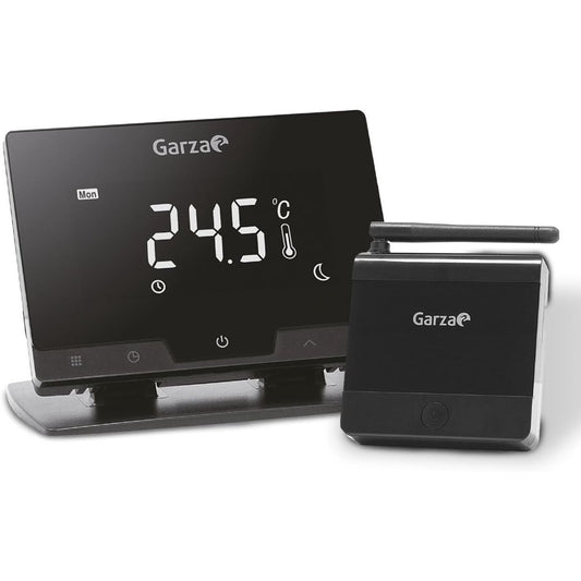 170061 - GARZA - Termostat Inteligjent pa Telë WiFi për Sistemet e Kaldajave dhe Ngrohjes, i Programueshëm, Ekran Me Prekje, WiFi 2.4GHz, Kontrollues Nëpërmjet Aplikacionit dhe Alexa/Google Voice, Ngjyra e Zezë