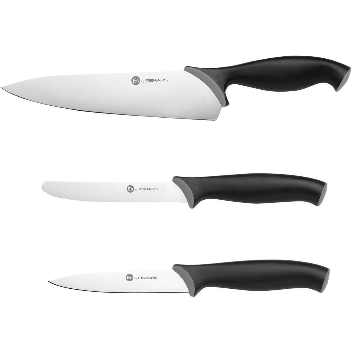 168108 - FISKARS Set Thikash (3 Pjesë), Thikë e Madhe Kuzhinieri, Thikë Perimesh, Thikë Domatesh, Gjatësitë e Tehut: 21cm, 11cm, 11.5cm, Essential, Material: Çelik Inox/Plastikë PP, Ngjyra e Zezë, Nr. i Produktit: 1081134