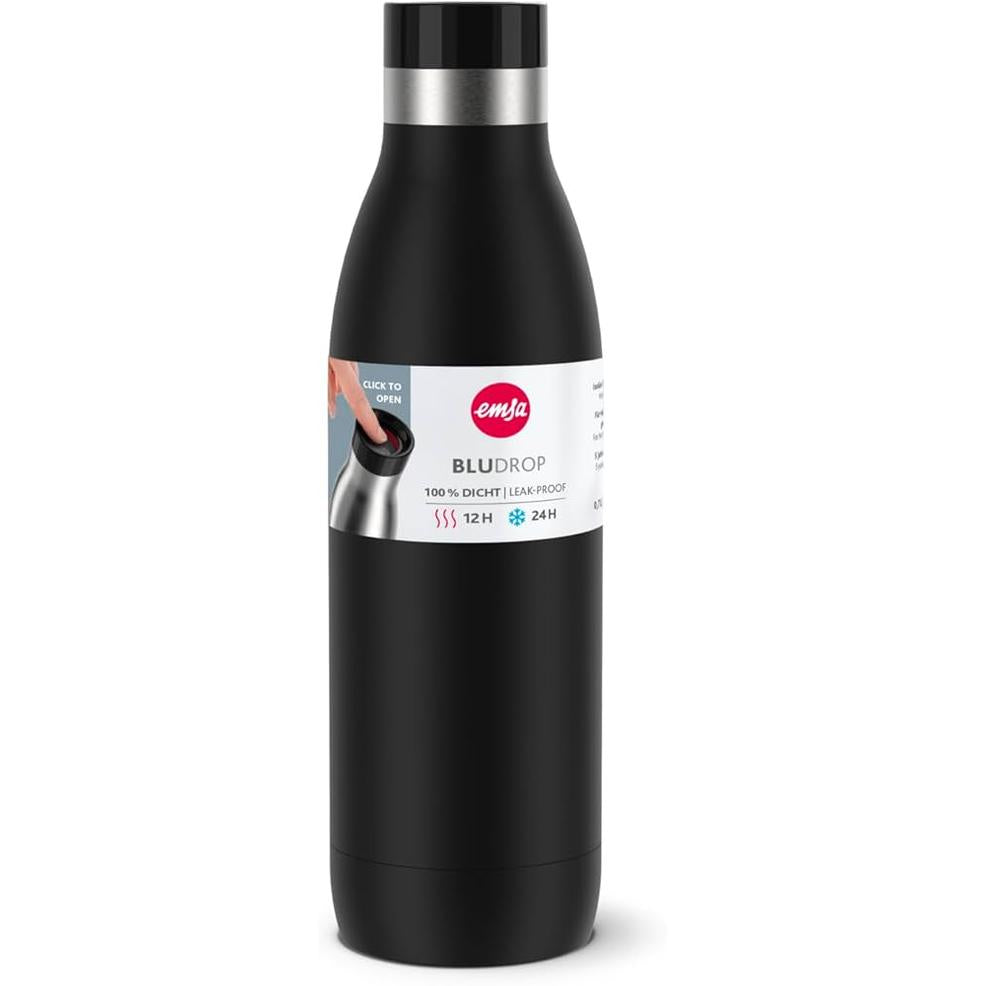 240944 - Emsa Bludrop – Shishe termike 500 ml prej çeliku inox, 100% kundër rrjedhjes, me mbyllje të shpejtë. Mban pijet të ngrohta deri në 12 orë dhe të ftohta deri në 24 orë. Pastrohet lehtë dhe është ideale për përdorim të përditshëm.