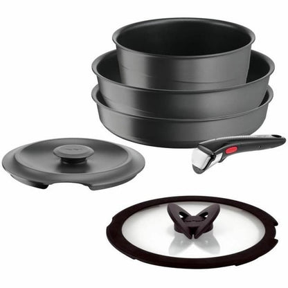 239250 - TEFAL Set enësh gatimi me 6 pjesë, i pajtueshëm me induksion, alumini i derdhur, tigan, wok me kapak qelqi, tavë me kapak prej gize, dorezë e lëvizshme, i sigurt për lavastovilje, Inspiration L867S604