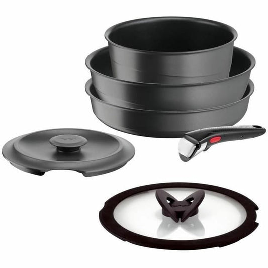 239250 - TEFAL Set enësh gatimi me 6 pjesë, i pajtueshëm me induksion, alumini i derdhur, tigan, wok me kapak qelqi, tavë me kapak prej gize, dorezë e lëvizshme, i sigurt për lavastovilje, Inspiration L867S604