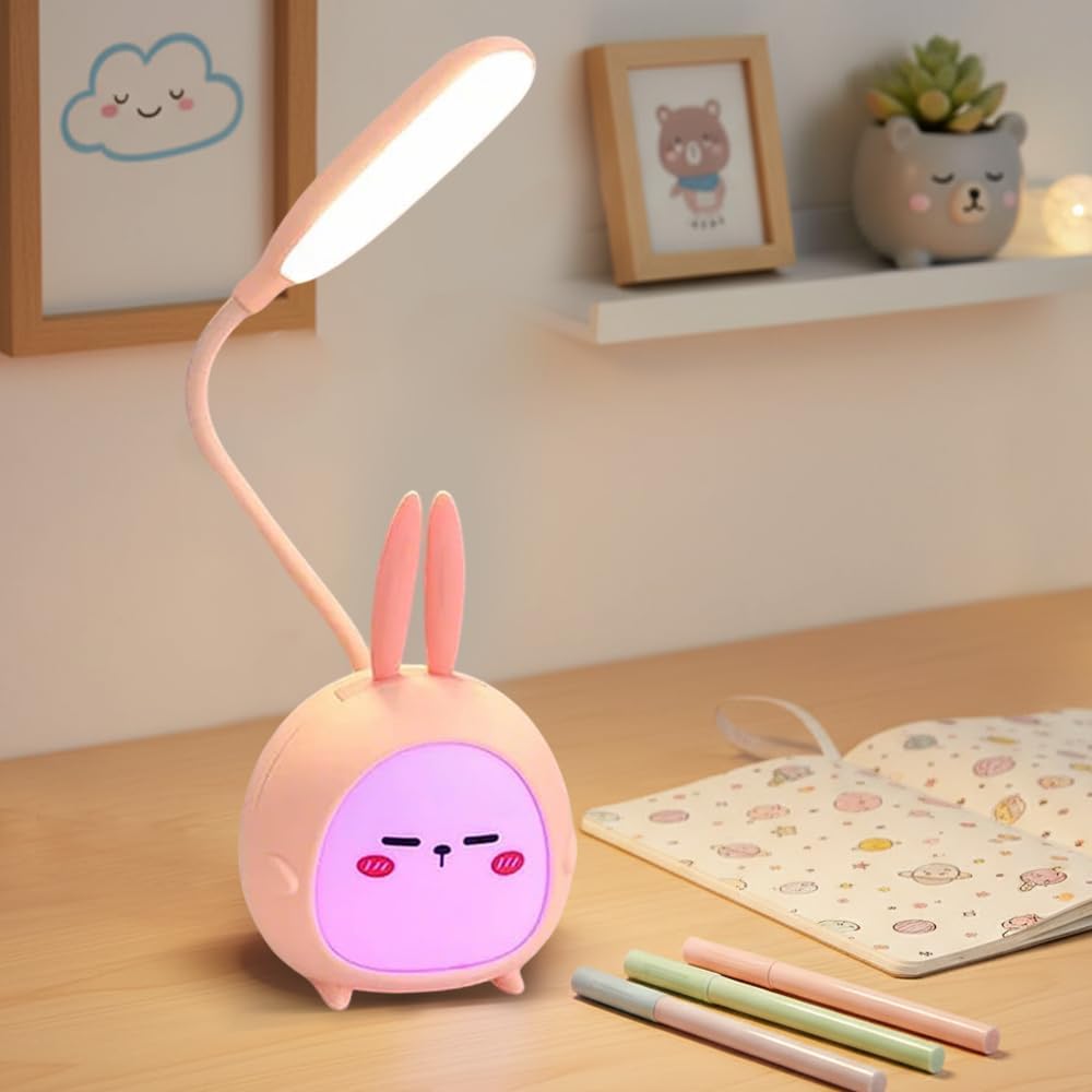 186149 - NZKEUF Llambë Tavoline LED për Fëmijë, me Rregullim të Errësimit dhe Port USB, Material Silikoni, Model Lepuri Rozë, Klasa e Energjisë A, Dhuratë Për Djem dhe Vajza