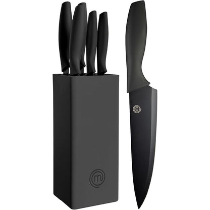 199766 - MASTERCHEF Set Thikash me Bllok, 6 Pjesë, Përmbanë Thikë Kuzhine, Thikë Shefi, Thikë Buke, Thikë Qërimi dhe Thikë Shërbimi, Materiale Çelik Inox, Doreza e Butë, Ngjyra e Zezë