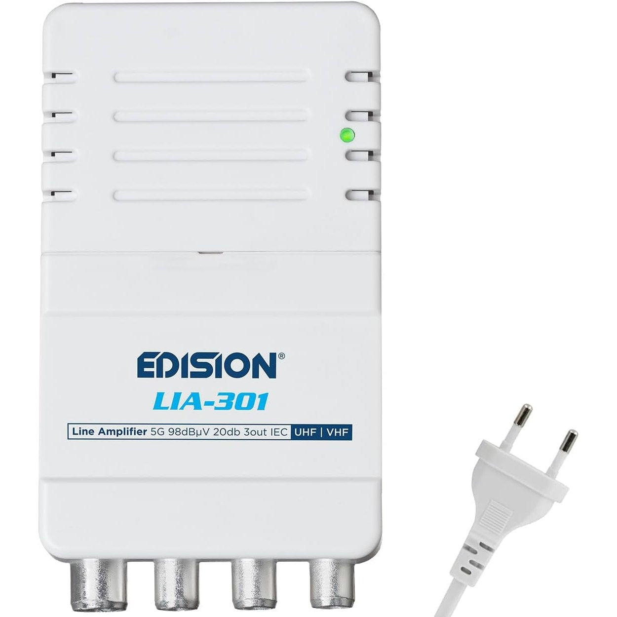 268705 - EDISION LIA-301, Amplifikator i Brendshëm UHF/VHF, 5-20dB i Rregullueshëm, 98dBmV, për Transmetim Dixhital Tokësor DVB-T/T2, me Filtër 5G LTE, 1 Hyrje, 3 Dalje, Lidhësa IEC