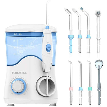 298145 - TUREWELL Ujitës Elektrik Oral, Kapacitet 600ml, 10 Cilësime të Rregullueshme të Presionit të Ujit, 8 Maja Shumëfunksionale të Grykës, e Bardhë