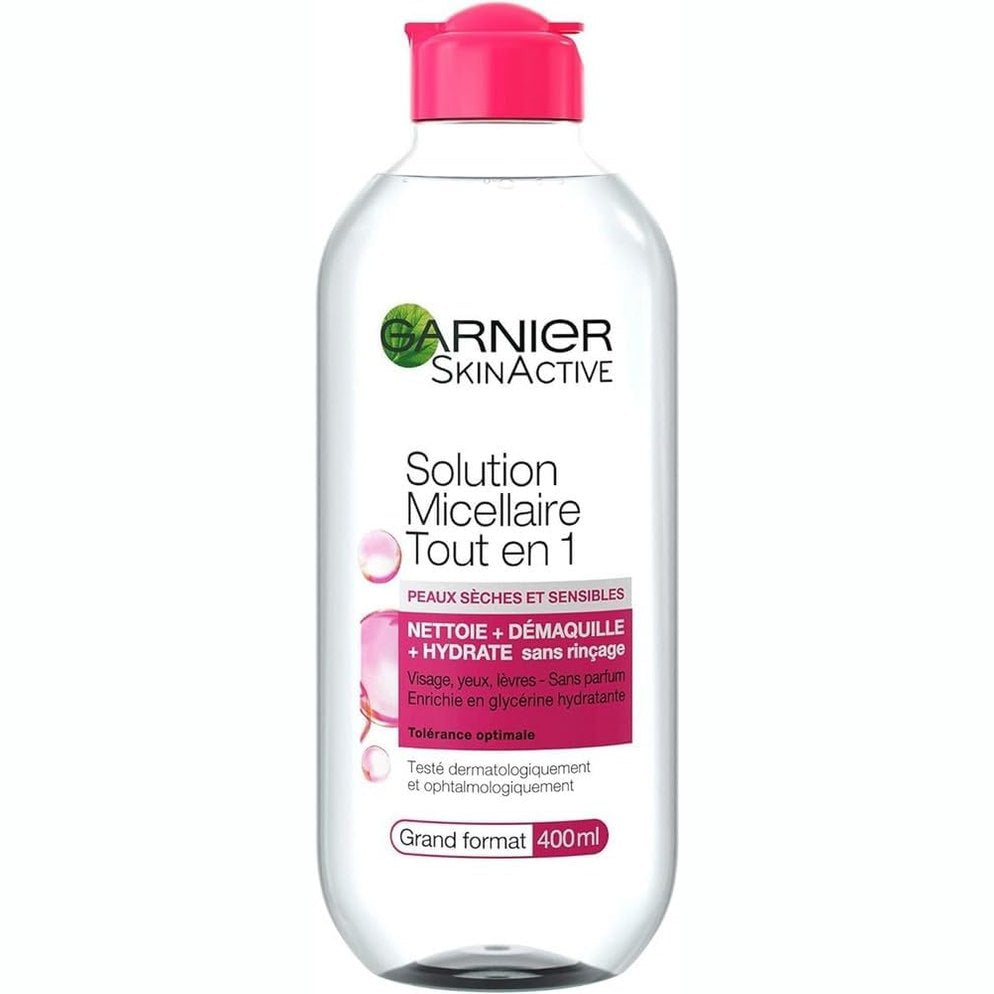302596 - GARNIER Skin Active Tretësirë Micelare Gjithë-në-1 - 400 ml, pastron, heq grim-in dhe hidraton, pa aromë, për fytyrën, sytë, buzët, për lëkurë të thatë dhe të ndjeshme.