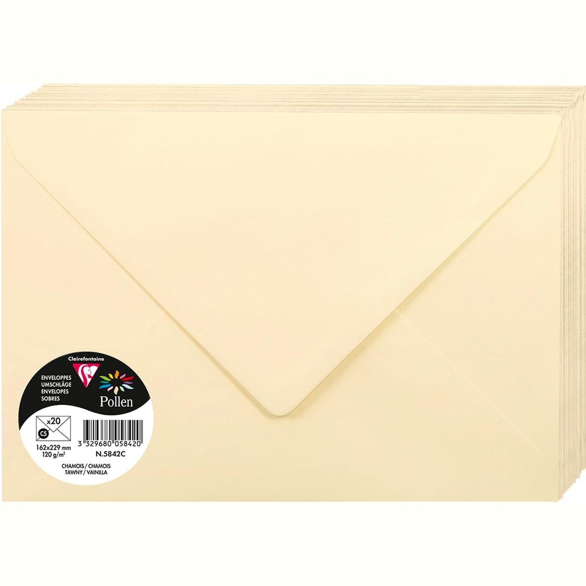 296352 - CLAIREFONTAINE - Pako me 20 Zarfa të Mëdhenj 16.2x22.9cm, Lëng Shamoisi - 120gsm - Format C5 - Mbyllje me Gomë