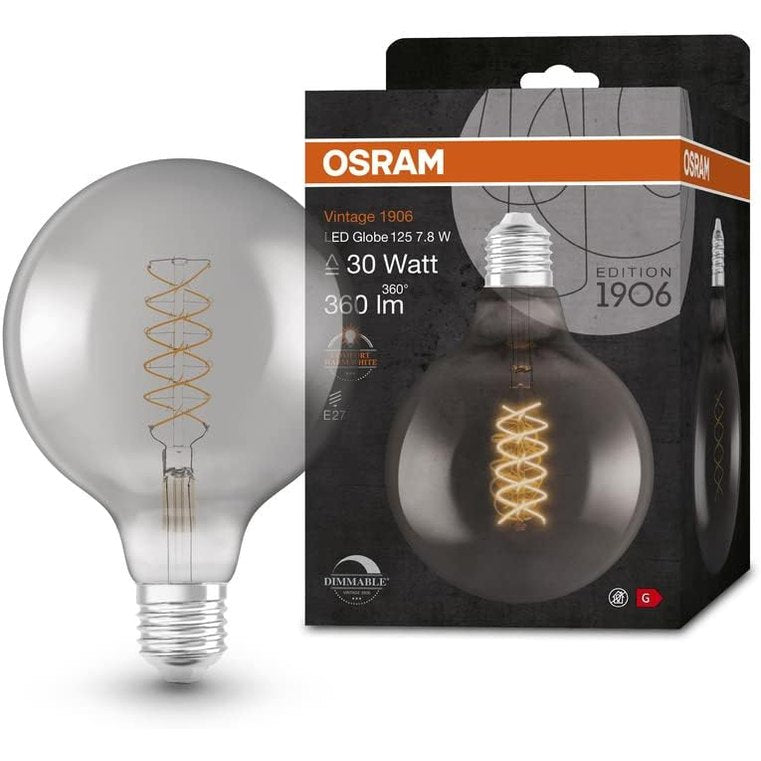 184793 - OSRAM Llambë LED Vintage 1906, 7.8W, 360lm, Formë Sferike Diametri 125 mm, Bazë E27, Filament Spiral, 15,000 orë Jetëgjatësi, e Errësueshme, Nuancë tymi, Dritë e Bardhë e Ngrohtë