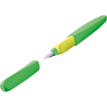 274423 - PELIKAN Stilograf Twist, Majë Çeliku Inox, Gjerësi e Mesme, 2 Fishekë Boje, Jeshile Neoni