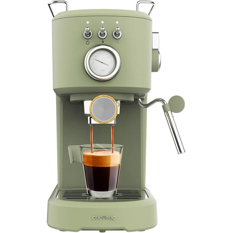 320800 - CECOTEC POWER ESPRESSO 20 RETRO GREEN, makinë espresso kompakte, 1100 W, 20 Bare, shkop avulli i rregullueshëm, filtër porta me grykë të dyfishtë dhe 2 filtra, kapacitet 1.25 litra