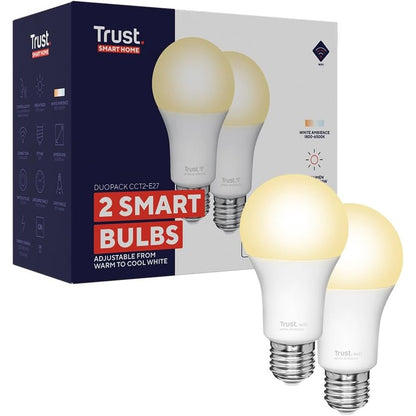 222978 - TRUST Llambë inteligjente WiFi E27, LED E27 me errësim, për Alexa dhe Google Home, llambë RGB 2.4GHz, Wi-Fi, e bardhë - pako me 2 [Klasa e energjisë F]