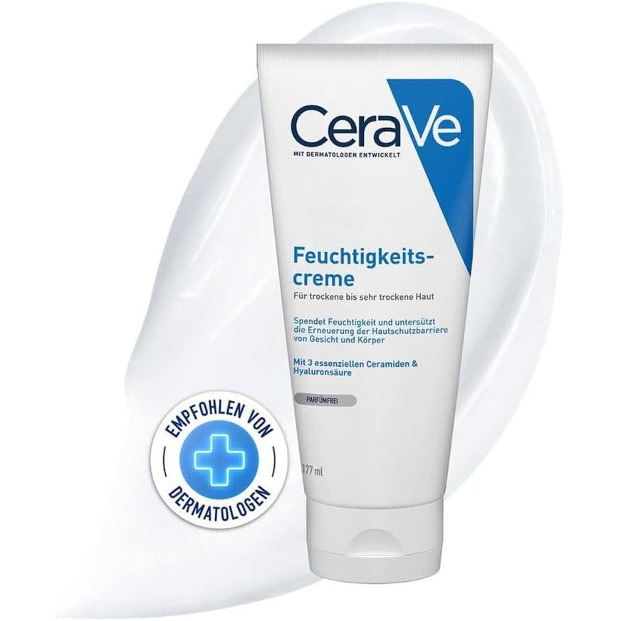 303561 - CERAVE Krem hidratues për trup dhe fytyrë, për lëkurë të thatë deri shumë të thatë, me acid hialuronik dhe 3 ceramide esenciale, i përshtatshëm edhe për dermatit atopik dhe ata që vuajnë nga alergjia, 177 ml.