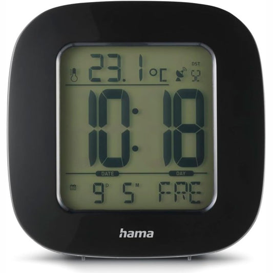 233645 - HAMA Orë dixhitale me alarm LCD, kontrolluar nga radio DCF, Alarm me përshpejtim, Datë, Temperaturë, Ndriçim prapa LED blu, Orë kompakte me alarm udhëtimi, e zezë