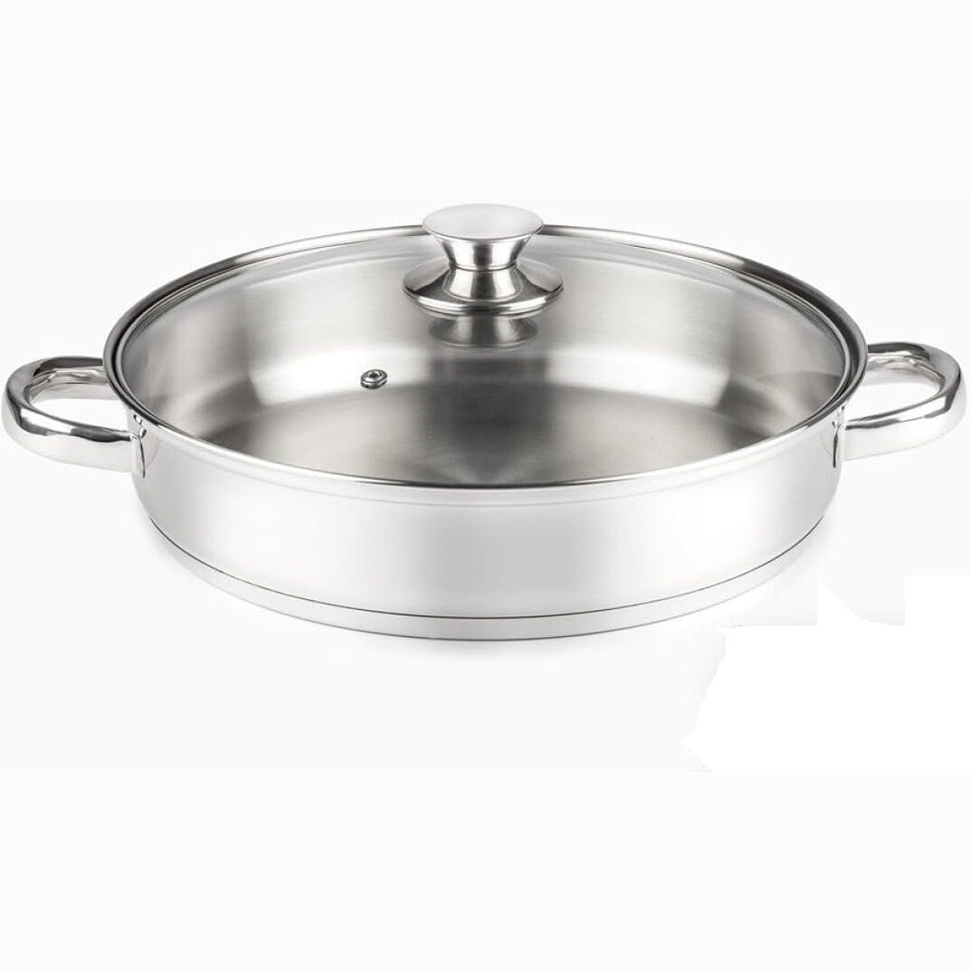 218185 - VIER Ena për tenxhere prej çeliku inox 18/10 – 30 cm Diametër x 6.5 cm, Kapaciteti 4.6 litra, Me kapak qelqi, Doreza të zbrazëta dhe të forta