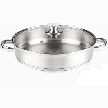 218185 - VIER Ena për tenxhere prej çeliku inox 18/10 – 30 cm Diametër x 6.5 cm, Kapaciteti 4.6 litra, Me kapak qelqi, Doreza të zbrazëta dhe të forta