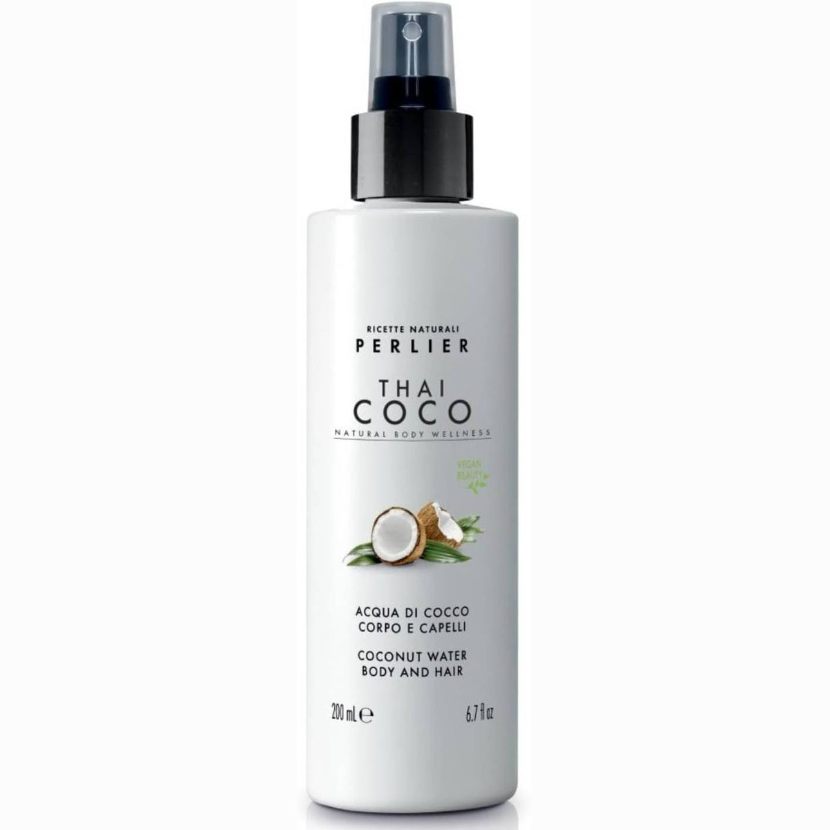 312090 - PERLIER Ujë për Trupin dhe Flokët Thai Coco, 200 ml, Hidraton dhe Parfumon me Freskinë e Ujit të Kokosit, Pa Alkool